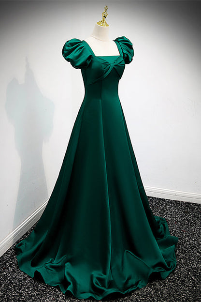 Square Short Sleeves A-Line Satin Party Prom Dress