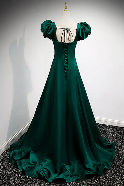 Square Short Sleeves A-Line Satin Party Prom Dress
