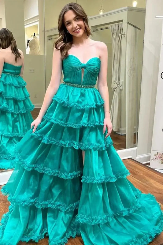 Green A-Line Beaded Empire Ruffled Party Prom Dress With Slit