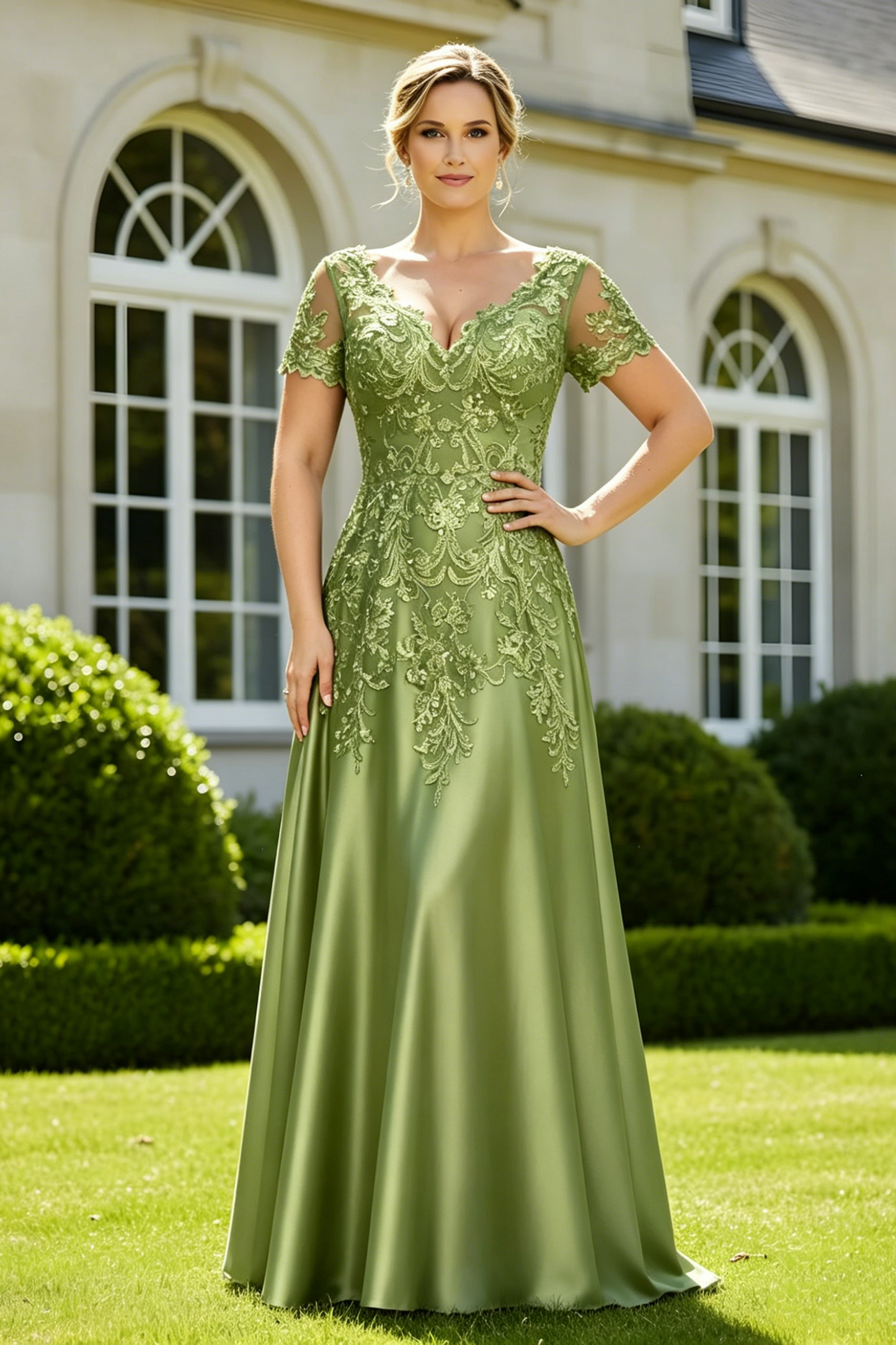 Green A-Line Short Sleeves Lace And Satin Mother Of The Bride Dress