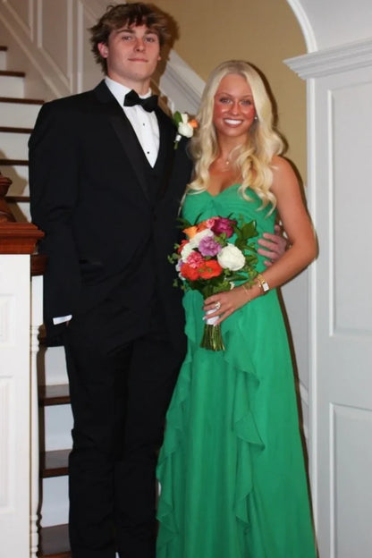 Green Chiffon A-Line Sweetheart Sleeveless Ruffle Maxi Party Prom Dress