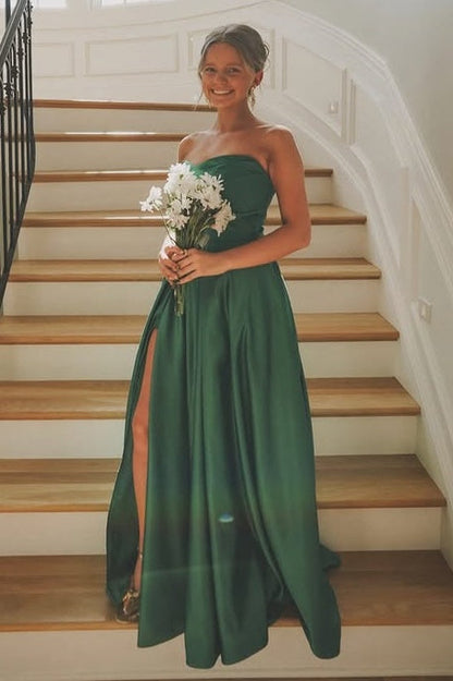 Green Satin A-Line Strapless Floor-Length Split Party Prom Dress