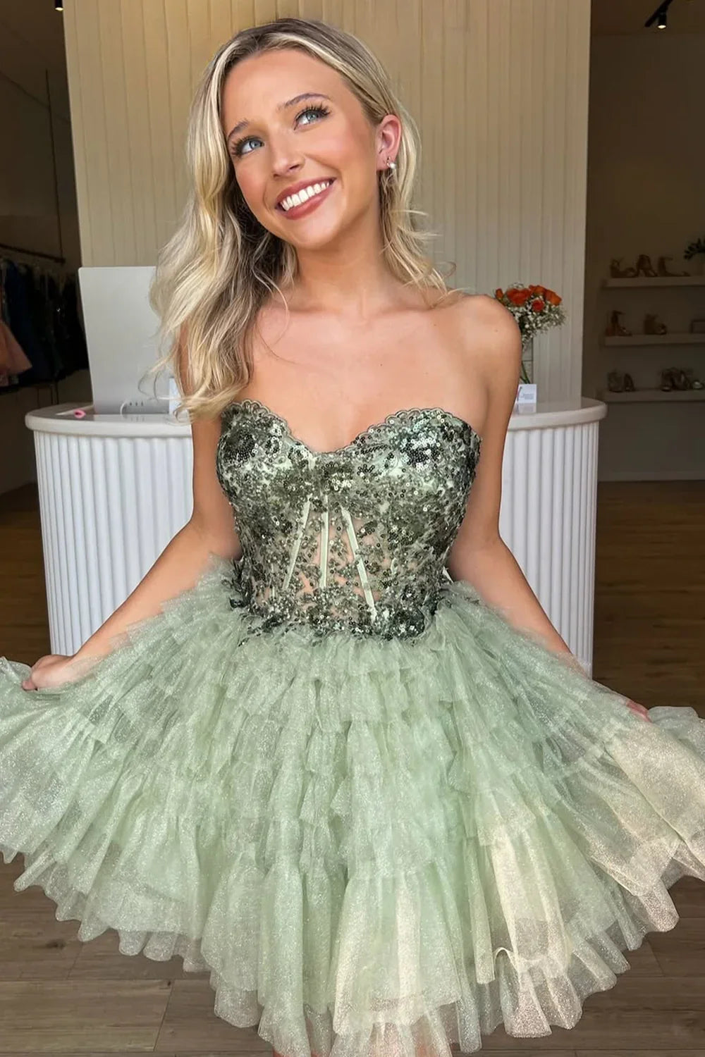 Green Sweetheart Strapless A-Line Empire Ruffle Homecoming Dress
