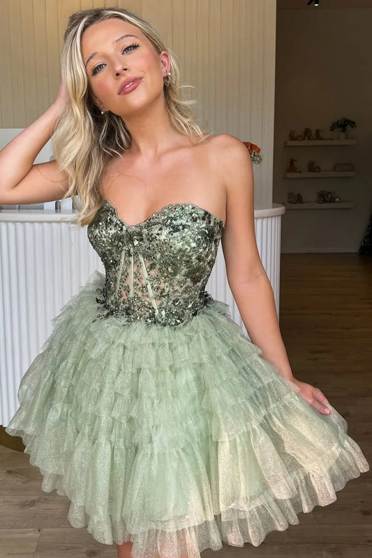 Green Sweetheart Strapless A-Line Empire Ruffle Homecoming Dress