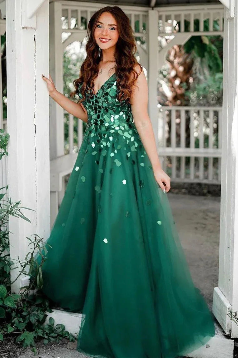 Green Tulle A-Line V-Neck Nackless Empire Beaded Party Prom Dress