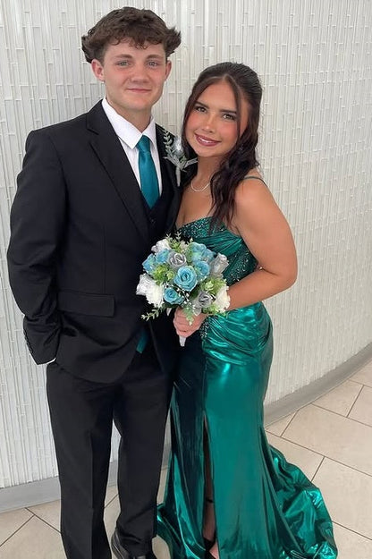 Green V-Neck Sleeveless Beaded Mermaid Split Party Prom Dress