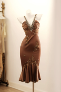 Sexy Brown Sheath V Neck Prom Dress Appliques Lace Satin Short Formal Dress Outfits