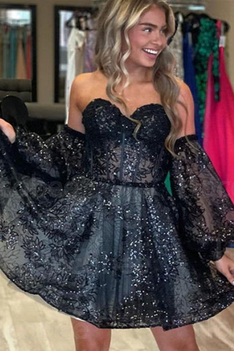 Black Sequin Lace A-line Sweetheart Removable Sleeves Homecoming Dress
