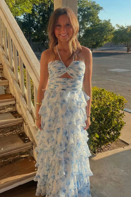 Halter Sleeveless A-Line Ruffle Tiered Long Party Prom Dress