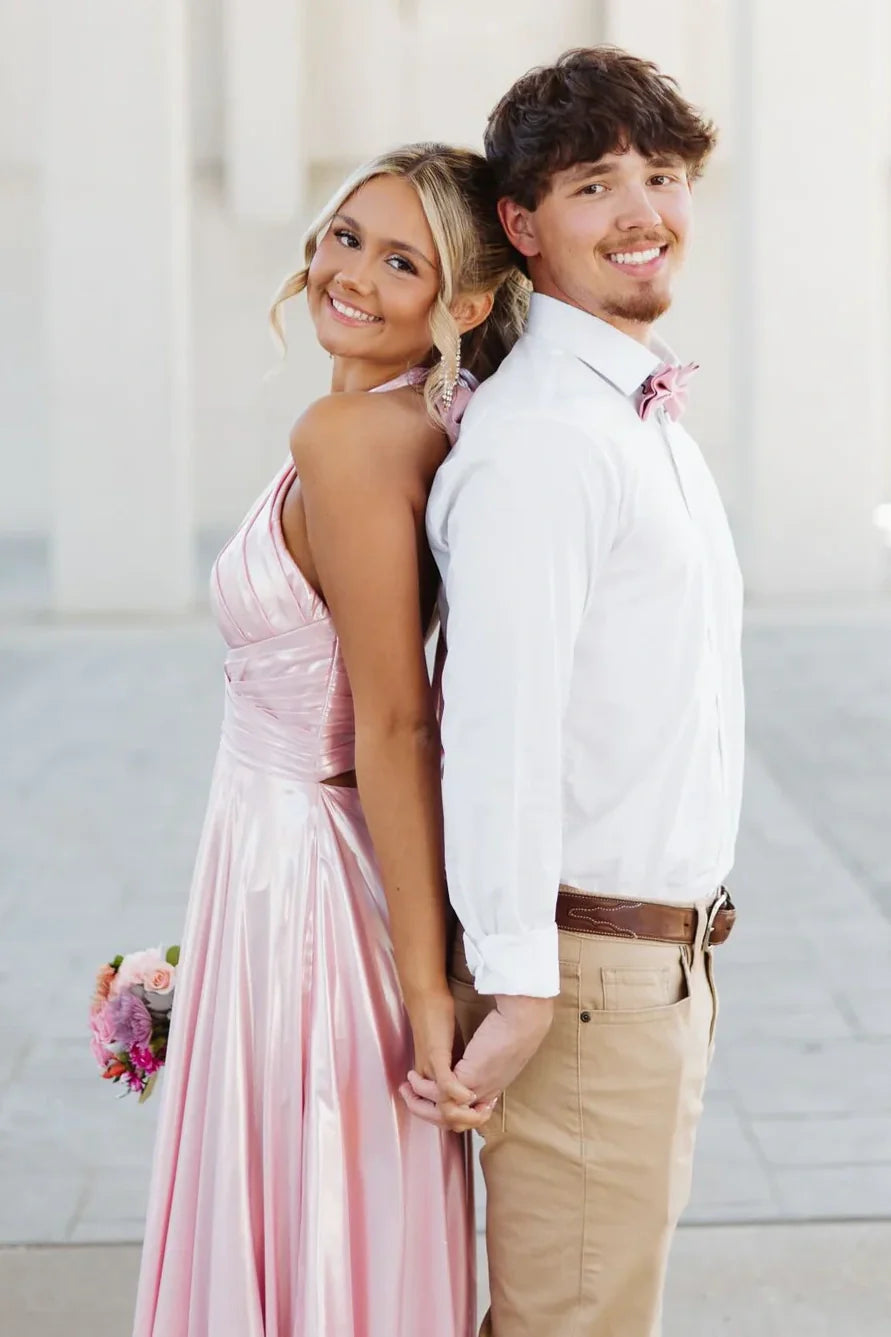 Halter Sleeveless A-Line Satin Empire Maxi Party Prom Dress