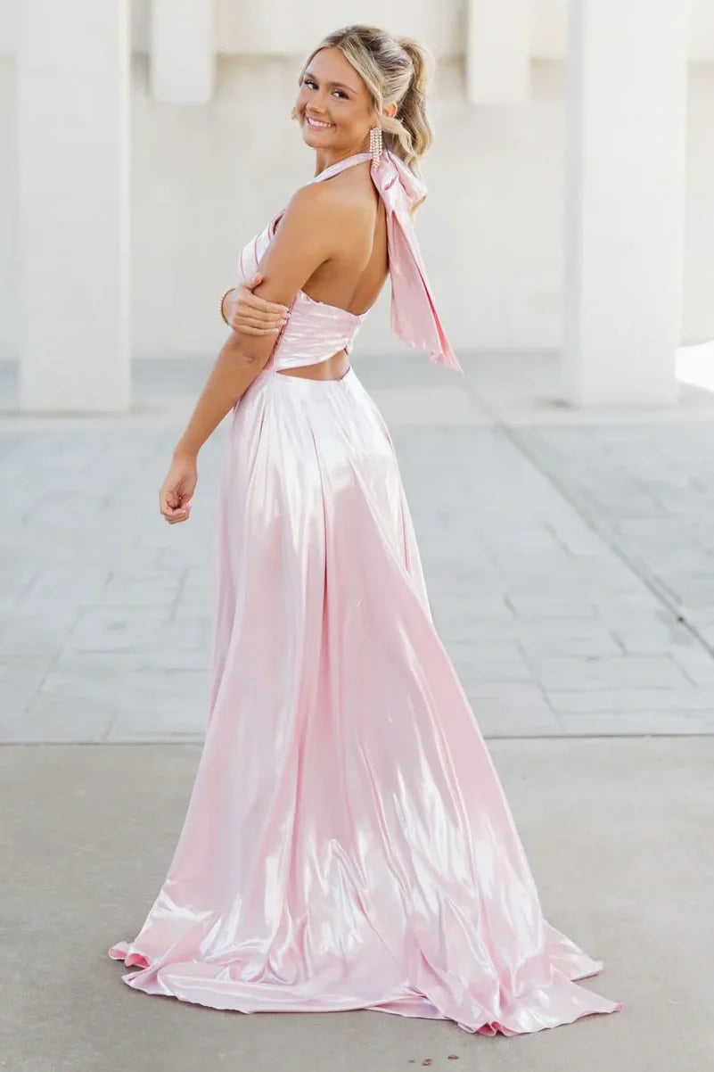 Halter Sleeveless A-Line Satin Empire Maxi Party Prom Dress