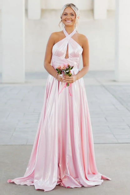 Halter Sleeveless A-Line Satin Empire Maxi Party Prom Dress