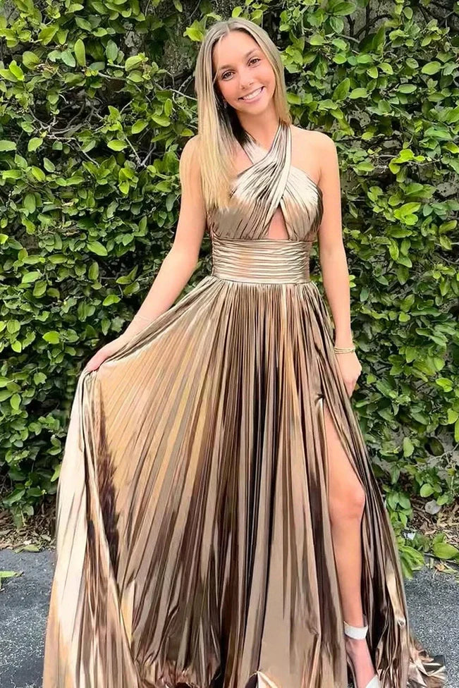 Halter Sleeveless Satin A-Line Empire Pleated Party Prom Dress