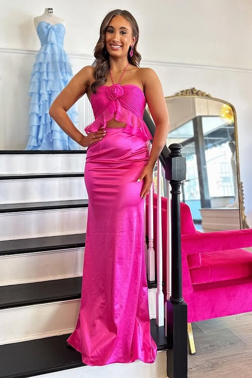 Halter Sleeveless Two Piece Ruffled Party Prom Dress