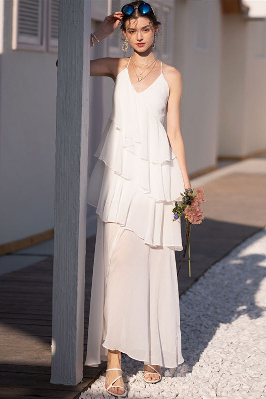 Halter White Tiered Chiffon Maxi Dress