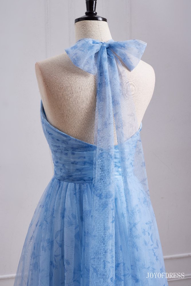 Halter Blue A-Line Long Bridesmaid Dress with Floral