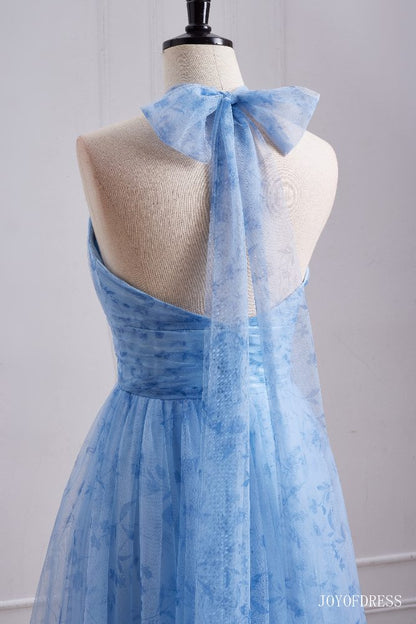 Halter Blue A-Line Long Bridesmaid Dress with Floral