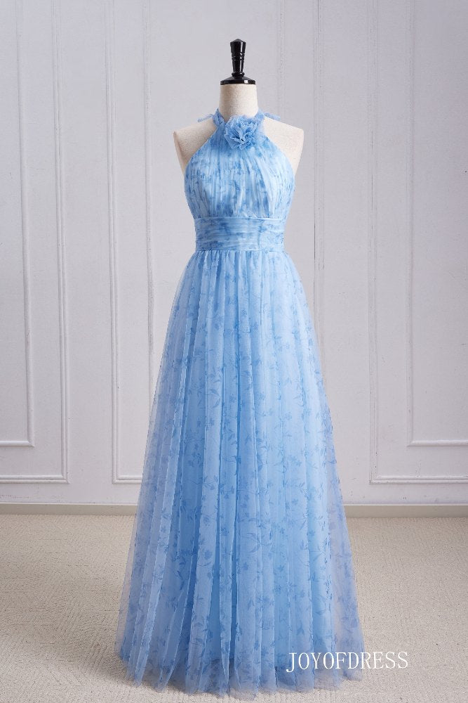 Halter Blue A-Line Long Bridesmaid Dress with Floral