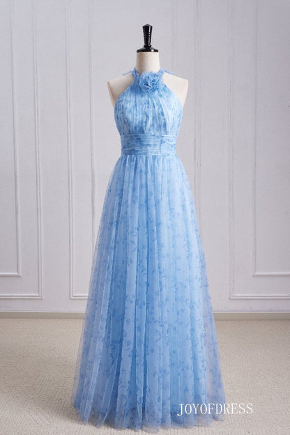 Halter Blue A-Line Long Bridesmaid Dress with Floral
