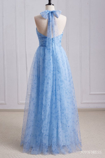 Halter Blue A-Line Long Bridesmaid Dress with Floral