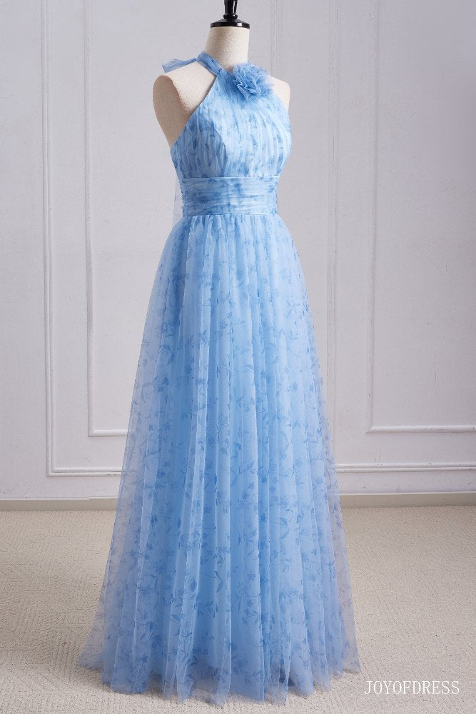 Halter Blue A-Line Long Bridesmaid Dress with Floral