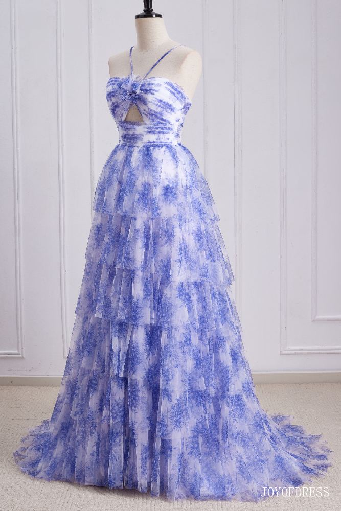 Halter Blue Floral Print Ruffle A-Line Prom Dress