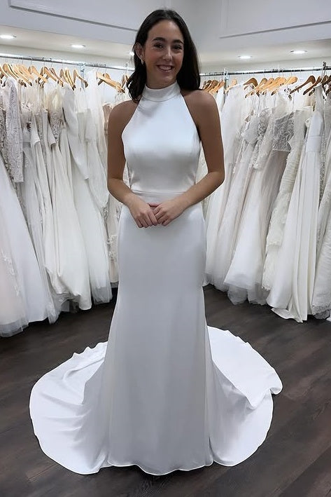 High Neck Backless Mermaid Beach Wedding Dress