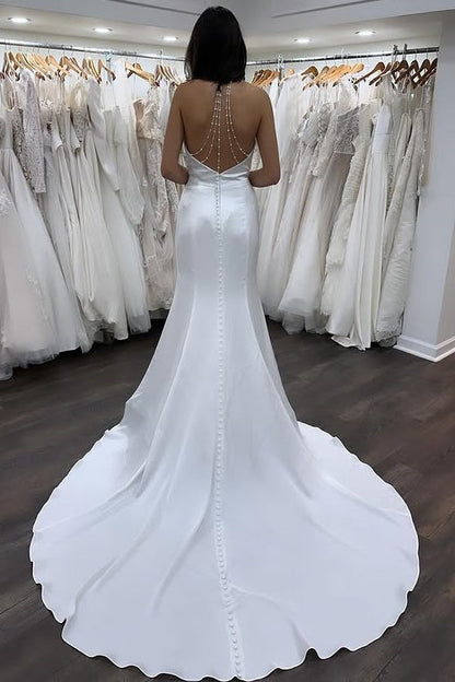 High Neck Backless Mermaid Beach Wedding Dress