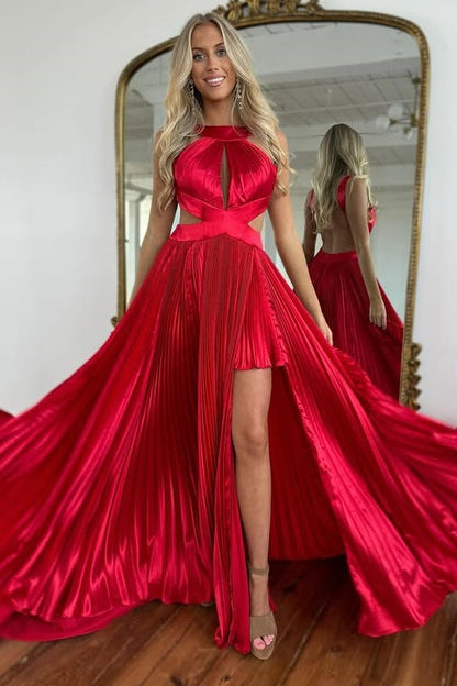 High Neck Backless Satin A-Line Empire Party Prom Dress