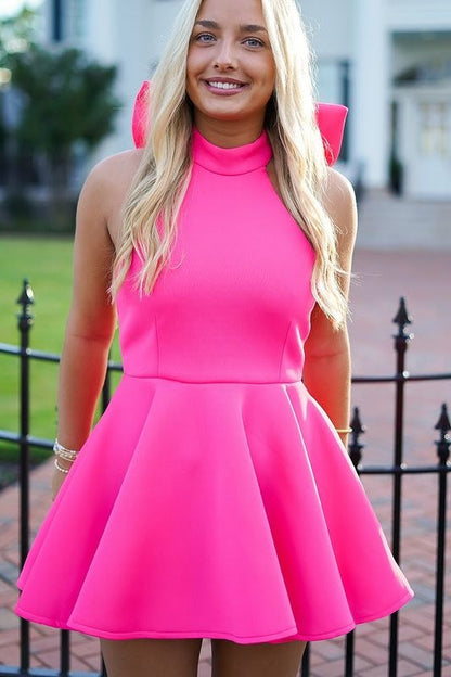 High Neck Backless Satin A-Line Short Homecoming Dress With Bow
