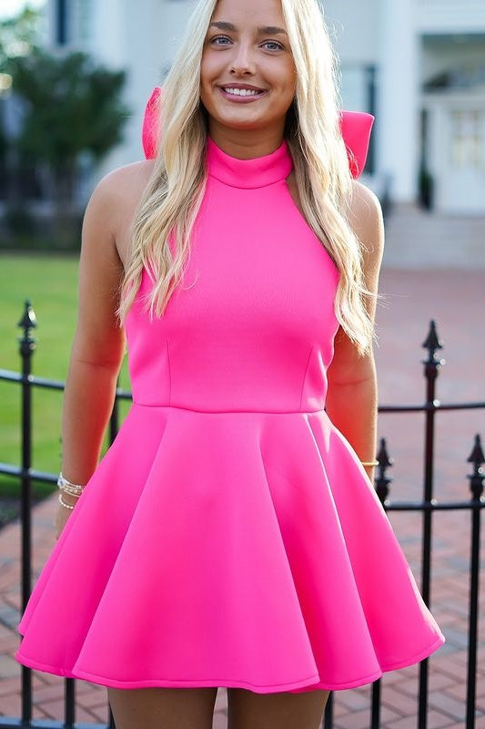 High Neck Backless Satin A-Line Short Homecoming Dress With Bow