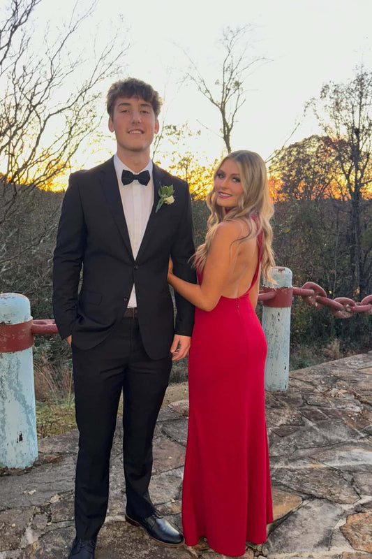 High Neck Open Back Satin Fitted Party Prom Dress With Side Slit