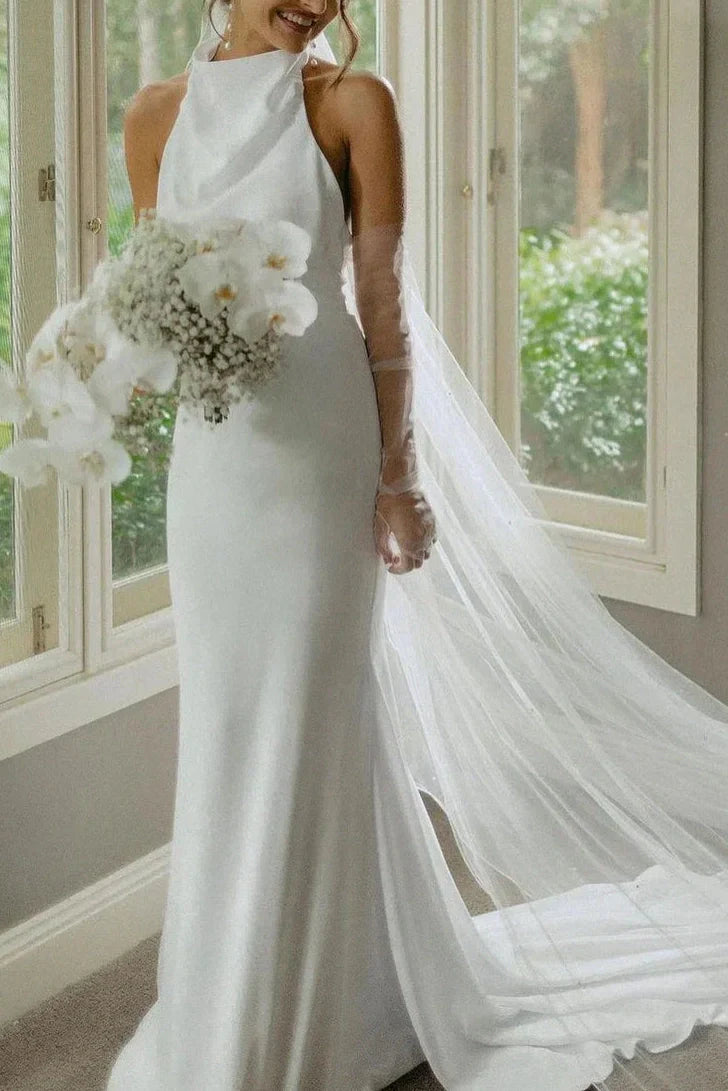 High Neck Open Back Sleeveless Satin Long Wedding Dress