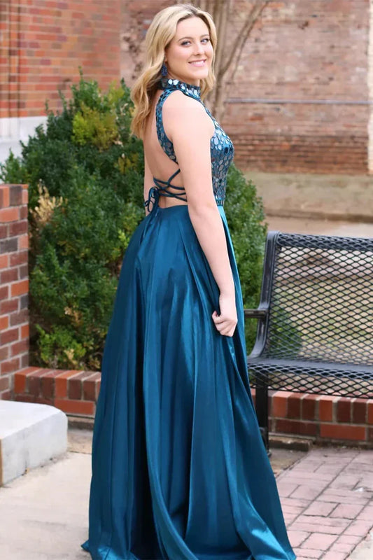 High Neck Sleeveless Beaded A-Line Long Party Prom Dress