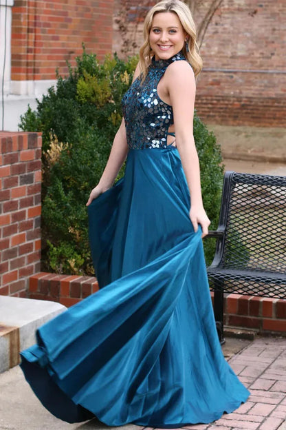 High Neck Sleeveless Beaded A-Line Long Party Prom Dress