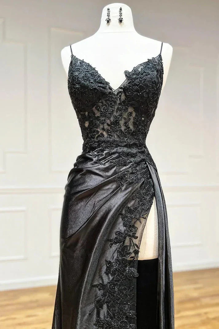 Vintage Applique V-neck Spaghetti Strap Satin Floor-length High Slit Prom Dress Evening Dress TP4323