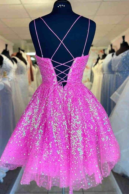 Hot Pink Bateau Sleeveless Empire Sequins Homecoming Dress