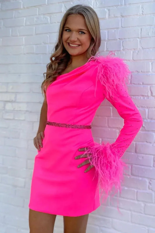 Hot Pink One Shoulder Beaded Empire Short Homecoming Dress