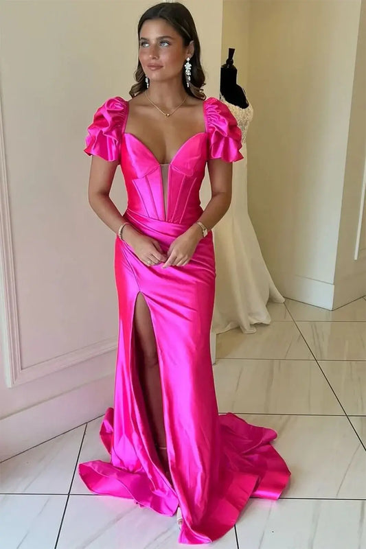 Hot Pink Short Sleeves Mermaid Party Prom Dress With Train
