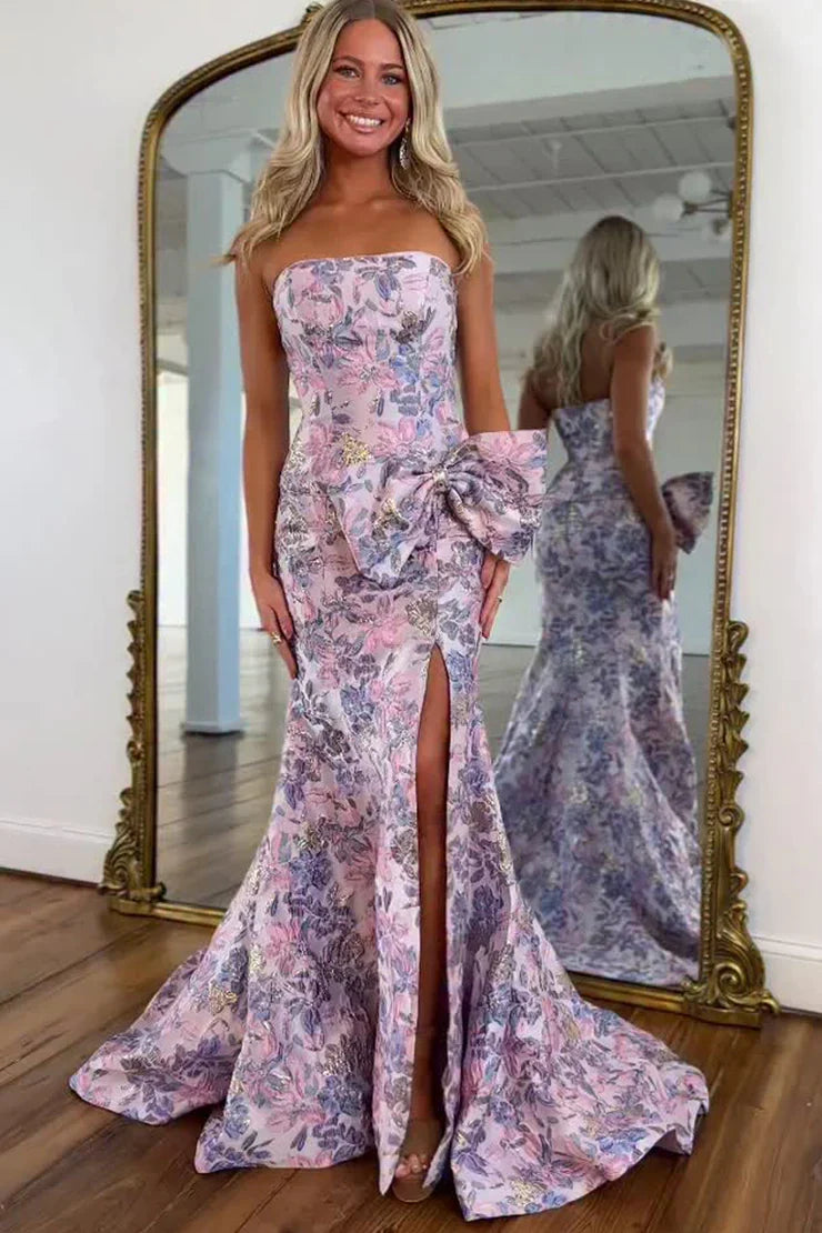 Hot Satin Mermaid Strapless Mermaid Prom Dress With Slit