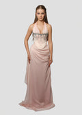 Vintage Pink Shiny Beaded Halter-neck Long Prom Dress Evening Dress TP4551