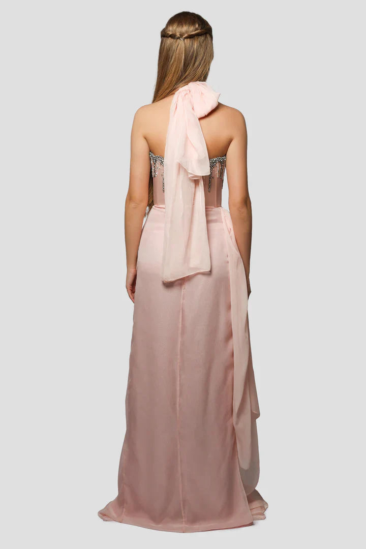 Vintage Pink Shiny Beaded Halter-neck Long Prom Dress Evening Dress TP4551