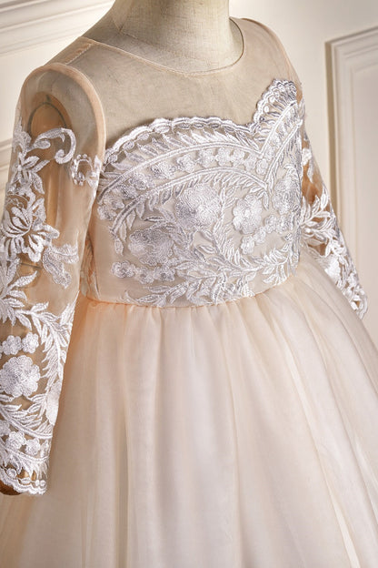 Ivory Long Sleeves Tulle Lace Long Flower Girl Dress