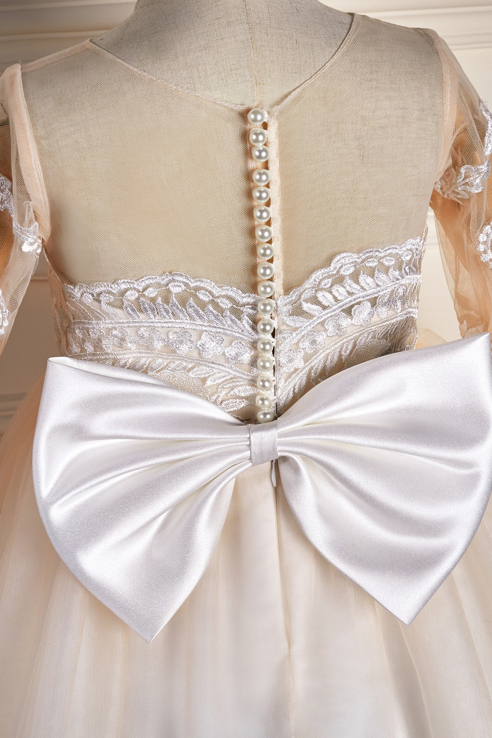 Ivory Long Sleeves Tulle Lace Long Flower Girl Dress