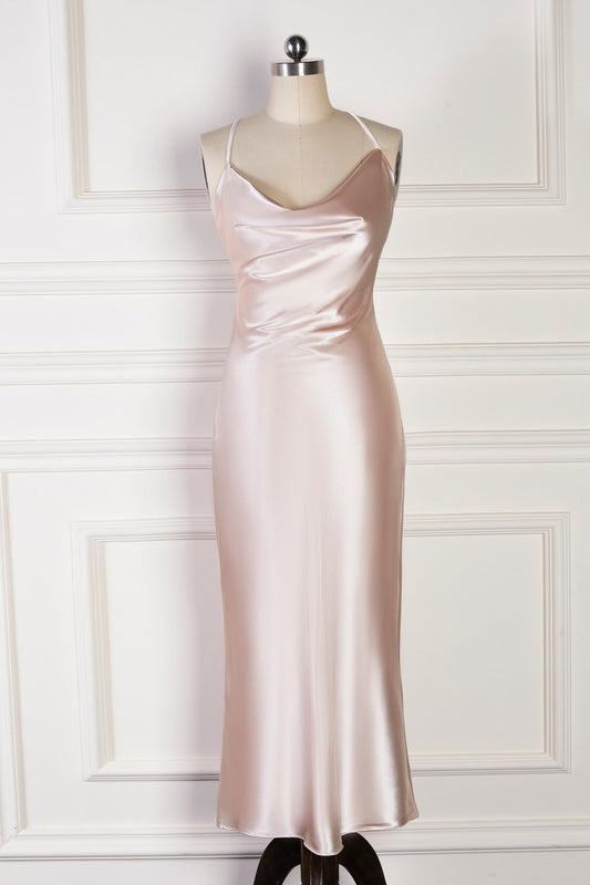 Champagne Mermaid Spaghetti Straps Satin Backless Long Bridesmaid Dress