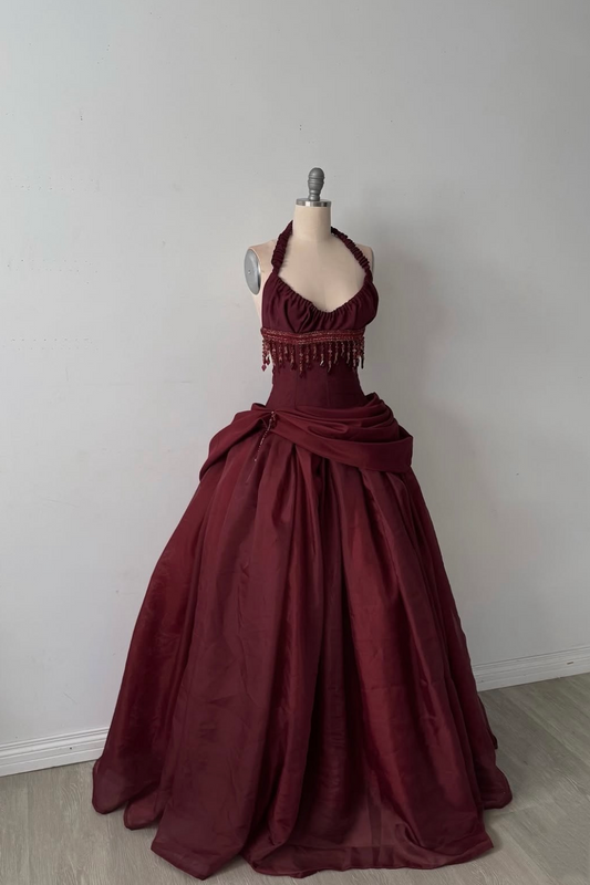 Burgundy vintage long beaded dress gh6643