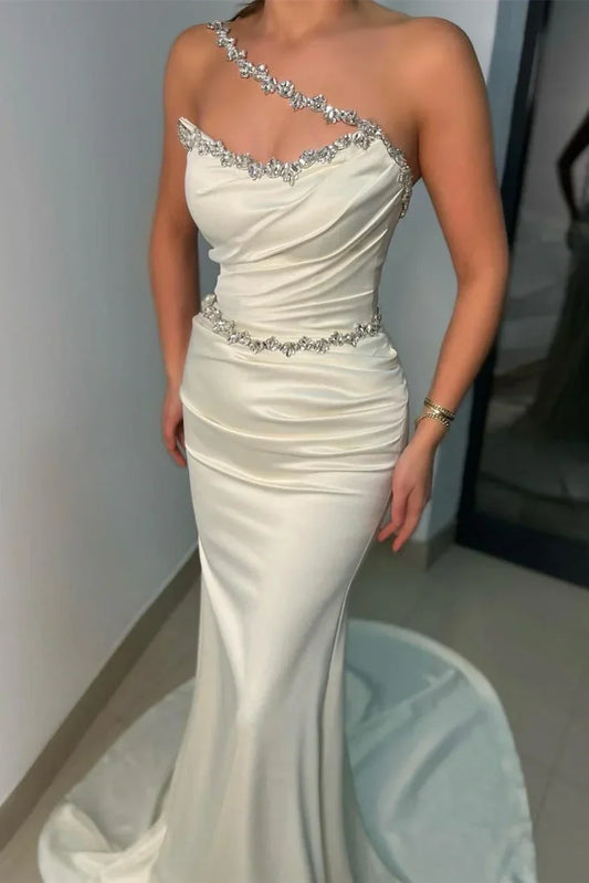 Ivory One Shoulder Beaded Empire Mermaid Party Prom Dress