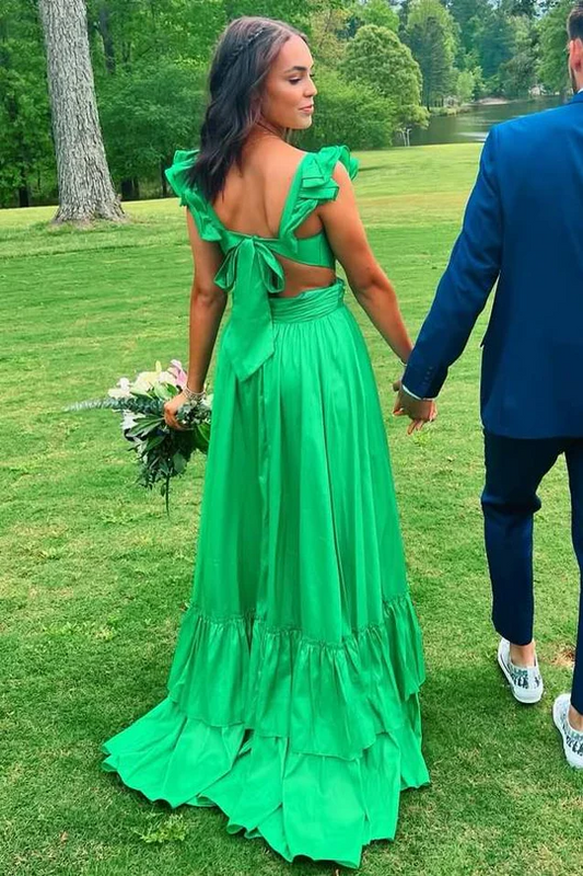 Cute Green A-Line V-Neck Prom Dress Layered Lady Dress for Special Occasion