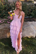 Pink Spaghetti Straps Tiered Chiffon Long Prom Dress with Slit Ball Gowns