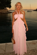 Pretty Halter Ruffle Chiffon Long Prom Dress Wedding Guest Outfit